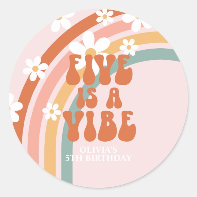 Five is a Vibe Retro rainbow 5th birthday Classic Round Sticker (Front)