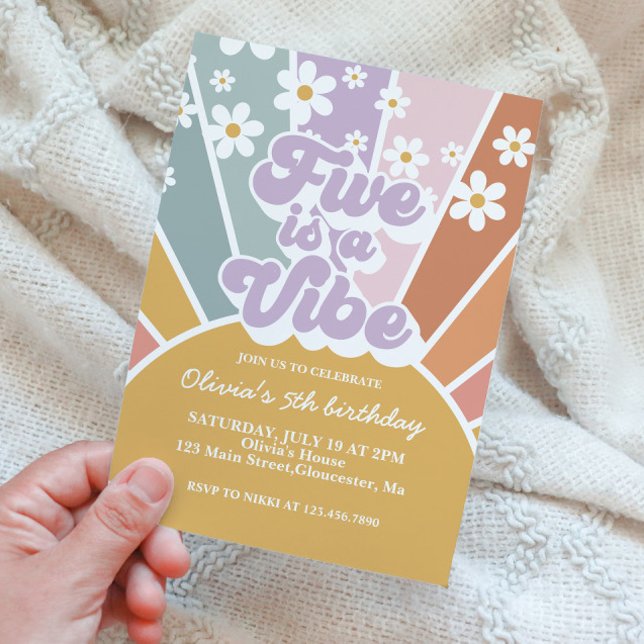 Five is a Vibe Retro Sunshine Rainbow Daisy Invitation (Creator Uploaded)
