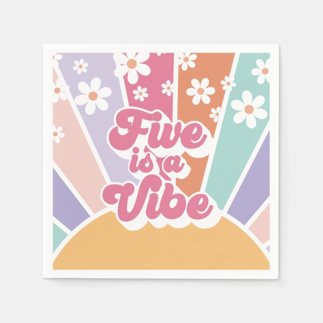 Five is a Vibe Retro Sunshine Rainbow Daisy Napkin (Front)