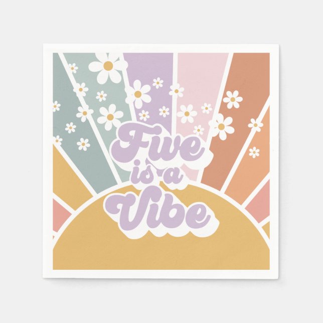 Five is a Vibe Retro Sunshine Rainbow Daisy Napkin (Front)
