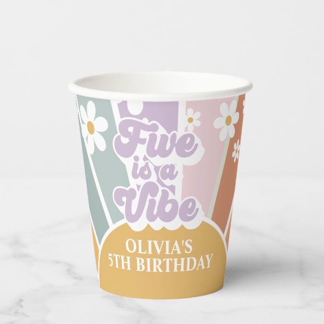 FIVE is a Vibe Retro Sunshine Rainbow Paper Cups (Front)