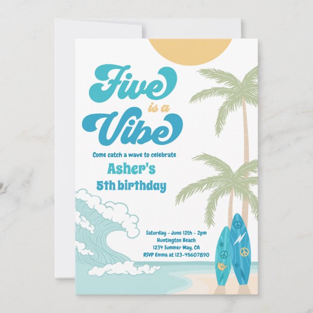 Five Is A Vibe Retro Surfboard Beach Birthday Invitation (Front)