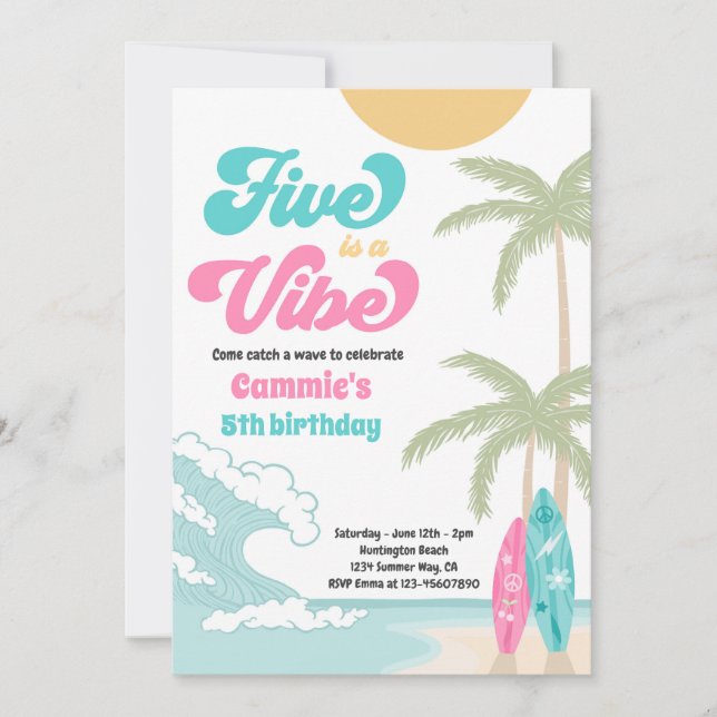 Five Is A Vibe Retro Surfboard Beach Birthday Invitation (Front)