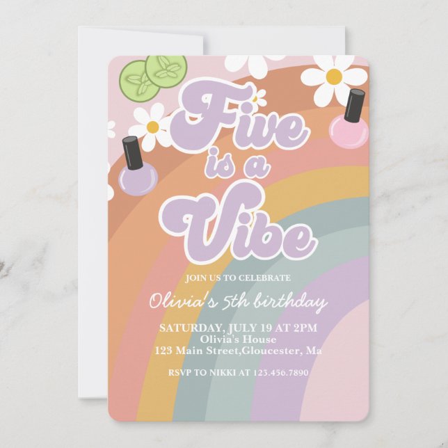 Five is a vibe Spa Rainbow 5th Birthday Invitation (Front)