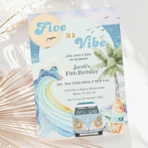Five is a Vibe Surf Beach Retro Fifth Birthday Invitation