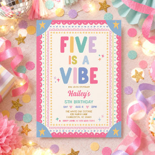 Five Is A Vibe Whimsical Girl 5th Birthday Party Invitation