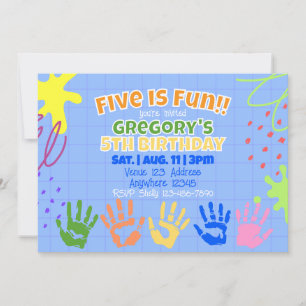 Five is Fun, Colourful Painted Hand 5th Birthday Invitation