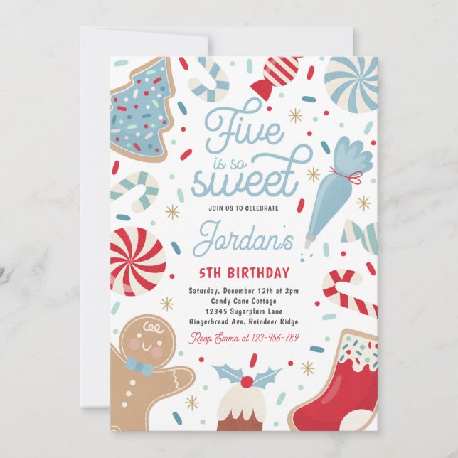 Five Is So Sweet Christmas Cookie Birthday Party  Invitation (Front)