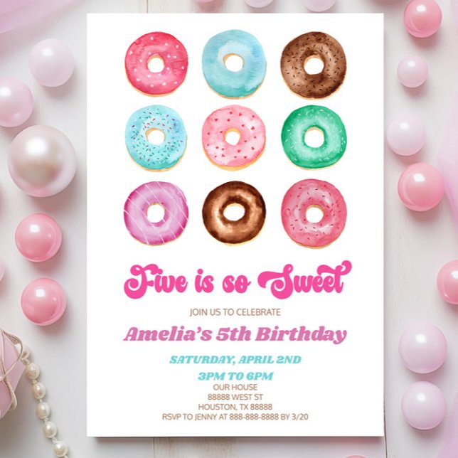 Five Is So Sweet Doughnut Sprinkle 5th Birthday Pa Invitation (Creator Uploaded)