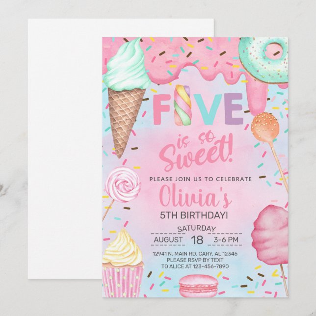 Five is so Sweet girl 5th birthday invitation. Invitation (Front/Back)