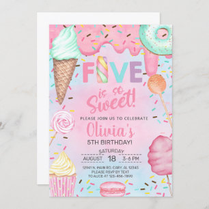 Five is so Sweet girl 5th birthday invitation. Invitation