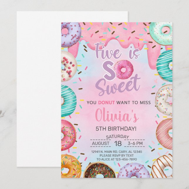 Five is Sweet girl 5th birthday invitation doughnu (Front/Back)