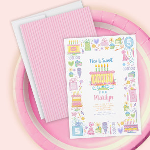 Five Is Sweet Pink 5th Birthday Invitation
