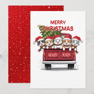 Five Jolly Christmas Cats Red Truck Holiday Card
