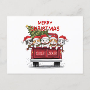 Five Jolly Christmas Cats Red Truck Holiday Postcard