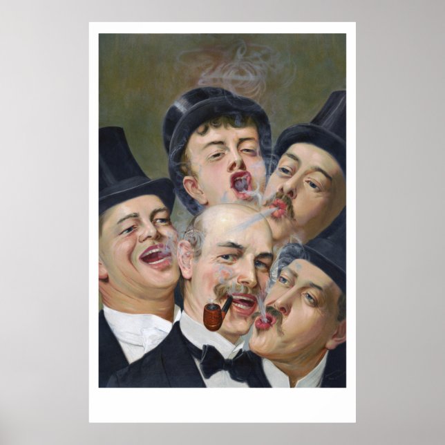 Five Jolly Smoking Men Playing Cards Poster (Front)