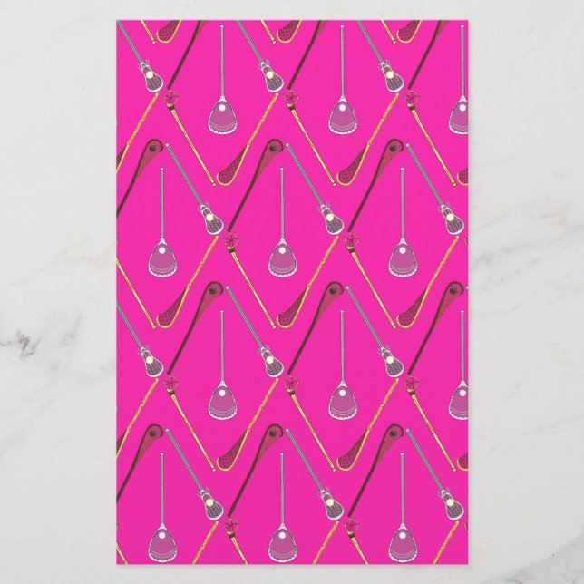 Five Lacrosse Sticks Pink Stationery (Front)