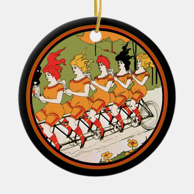 Five Ladies on  a Unicycle Ceramic Tree Decoration (Front)