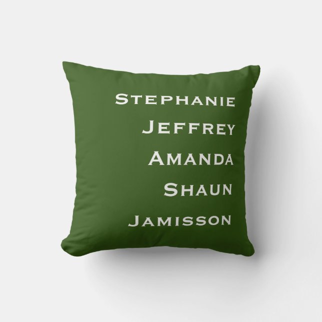 Five Names Green and White Square Throw Pillow (Front)