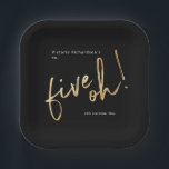 Five Oh 50th Birthday Black Gold Foil Simple Chic Paper Plate<br><div class="desc">Five Oh 50th Birthday Black Gold Foil Simple Chic Napkins. Humourous yet elegant milestone birthday party invitation,  with design featuring stylish brushstroke font in faux gold foil. Contact the creator if you need help customising this design by clicking on the 'Message' button bellow.</div>