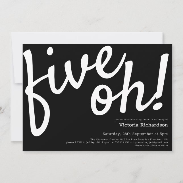 Five Oh 50th Birthday Black White Funny Minimalist Invitation (Front)
