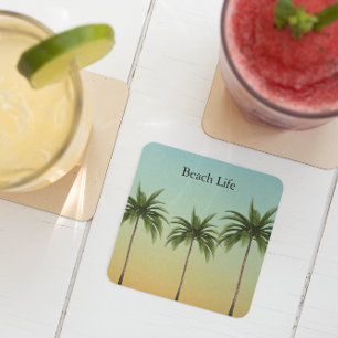 Five Palm Trees in a Row, beach life          Square Paper Coaster