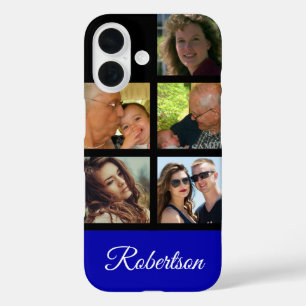 Five Personal Photos personalise with Name blue iPhone 16 Case