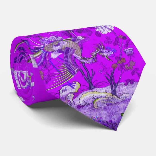 Five Phoenixes in Garden Chinese Purple Floral  Tie (Rolled)