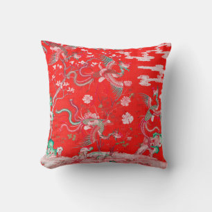 Five Phoenixes in Garden Chinese Red Floral  Cushion