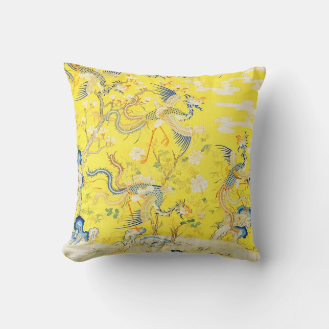 Five Phoenixes in Garden Chinese Yellow Floral   Cushion (Front)