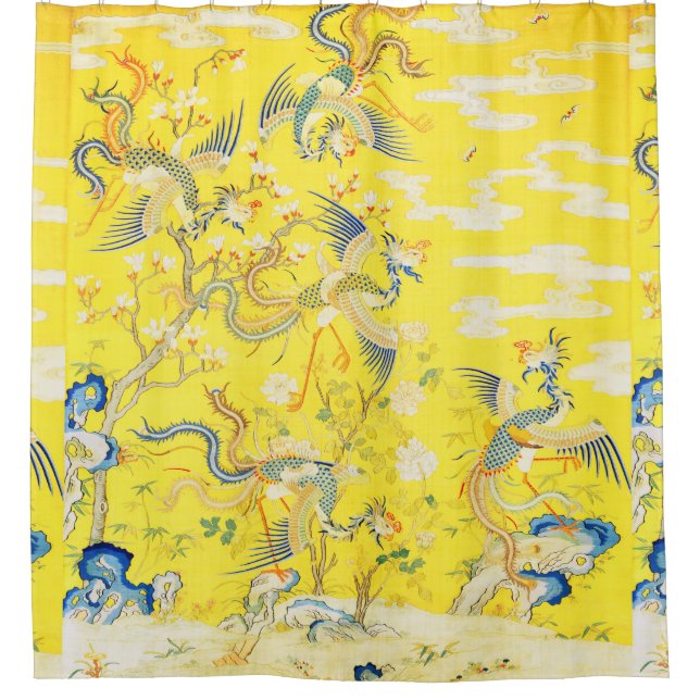 Five Phoenixes in Garden Chinese Yellow Floral   Shower Curtain (Front)