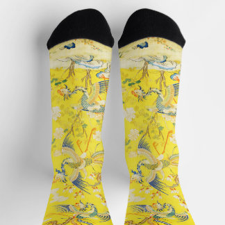 Five Phoenixes in Garden Chinese Yellow Floral Socks