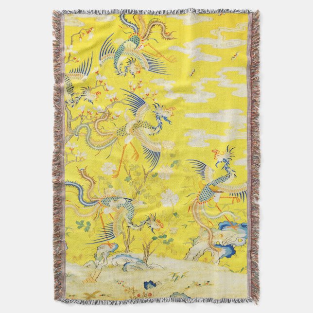 Five Phoenixes in Garden Chinese Yellow Floral Throw Blanket (Front Vertical)