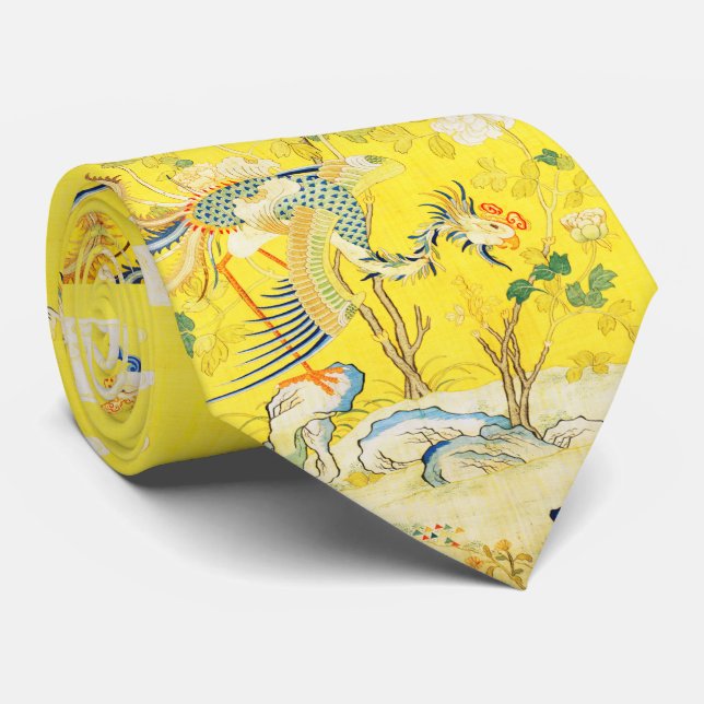 Five Phoenixes in Garden Chinese Yellow Floral Tie (Rolled)