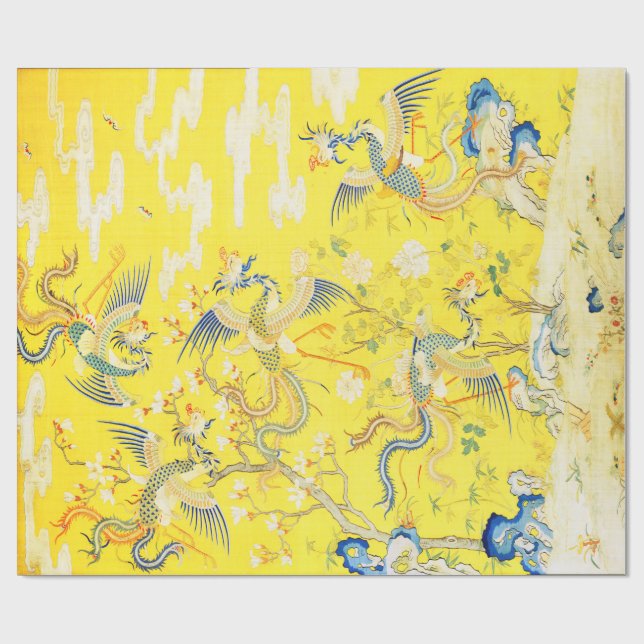 Five Phoenixes in Garden Chinese Yellow Floral Wrapping Paper (Flat)