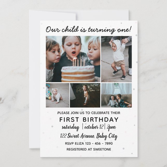 Five Photo Collage Child's First Birthday Invitation (Front)