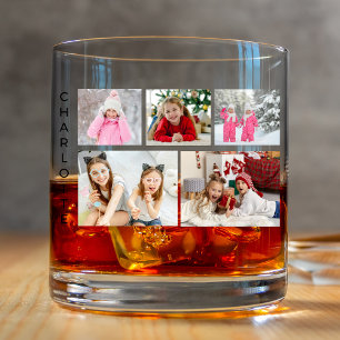 Five Photo Collage Personalised Name Whiskey Glass