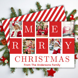 Five Photo Collage Red & White Merry Christmas Holiday Card
