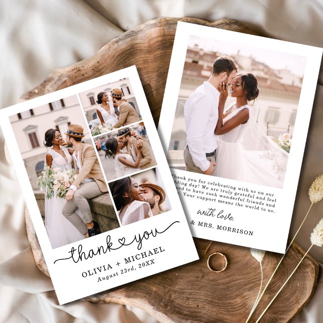 Five Photo Collage Script Heart Wedding Thank You Card (Creator Uploaded)