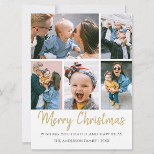 Five Photo Gold Merry Christmas Holiday Card