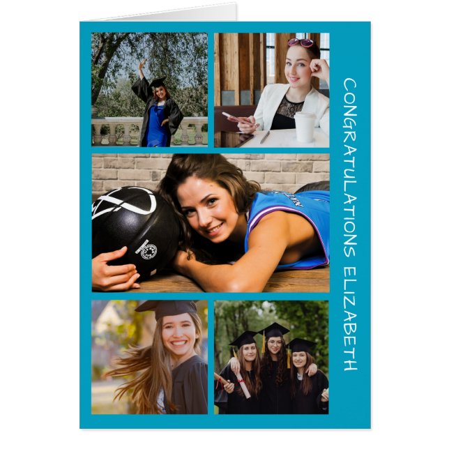 Five Photo Graduation Collage Teal Congrats Card (Front)
