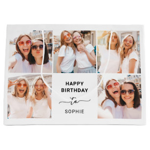 Five Photo Grid Black and White Happy Birthday Large Gift Bag