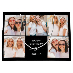 Five Photo Grid Black Happy Birthday Large Gift Bag