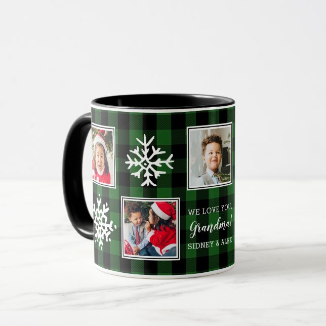 Five Photo Plaid | Snowflakes | Green | Mug (Front Left)