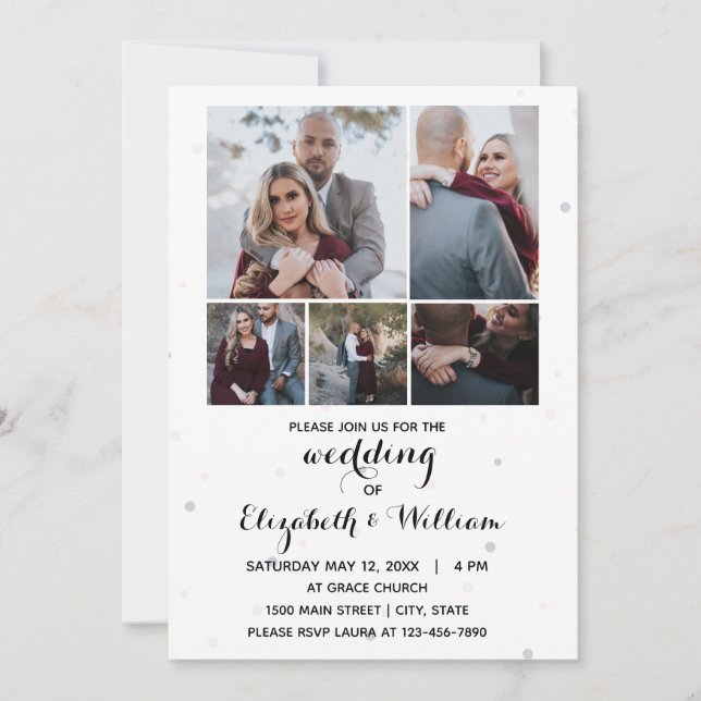 Five Photos Collage Elegant Wedding Invitation (Front)
