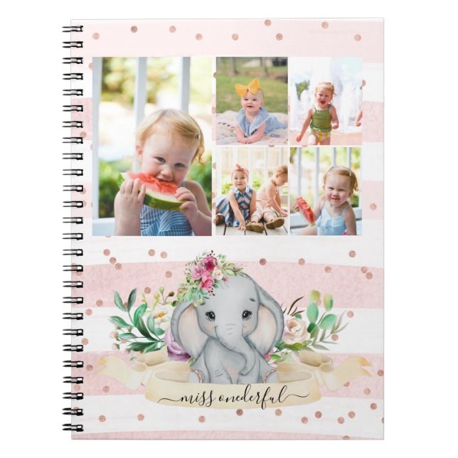 Five Photos Collage Miss Onderful Baby Elephant Notebook (Front)