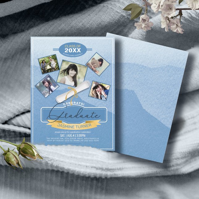 Five Photos on Watercolor Graduate Blue ID892 Invitation (Creator Uploaded)