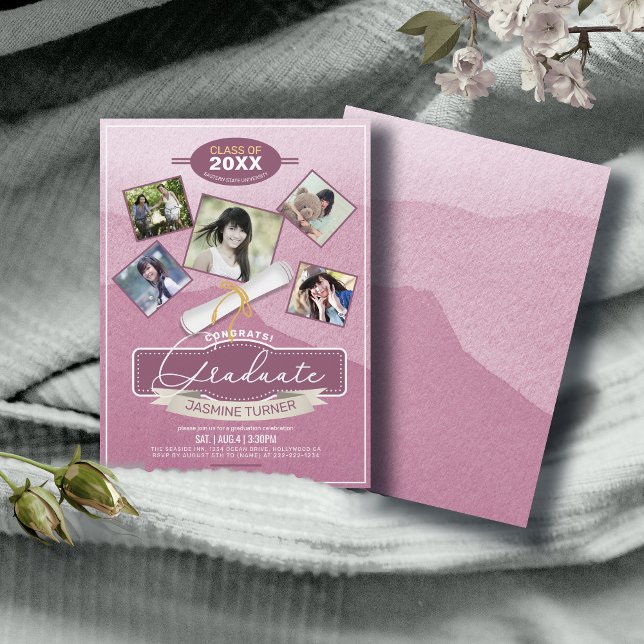 Five Photos on Watercolor Graduate Pink ID892 Invitation (Creator Uploaded)