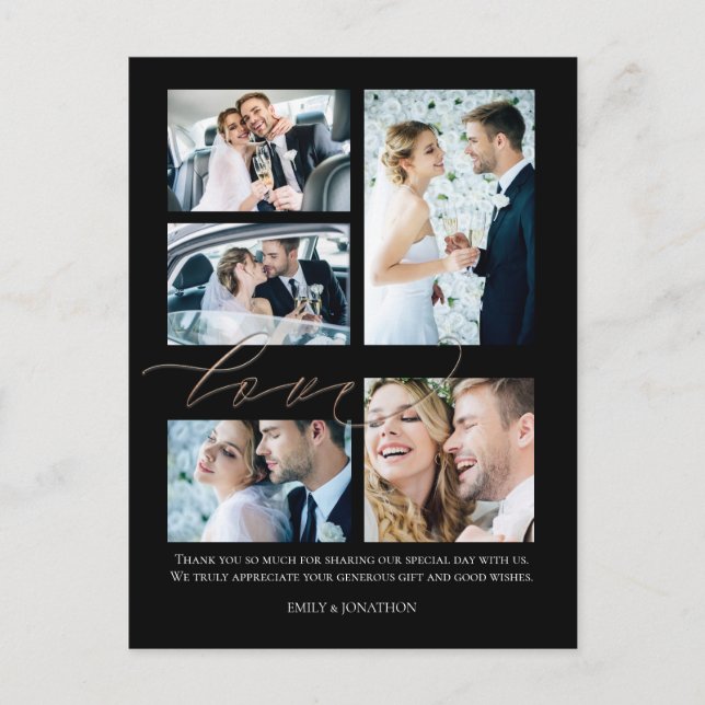 Five photos Script Love Wedding Thank you Black Postcard (Front)
