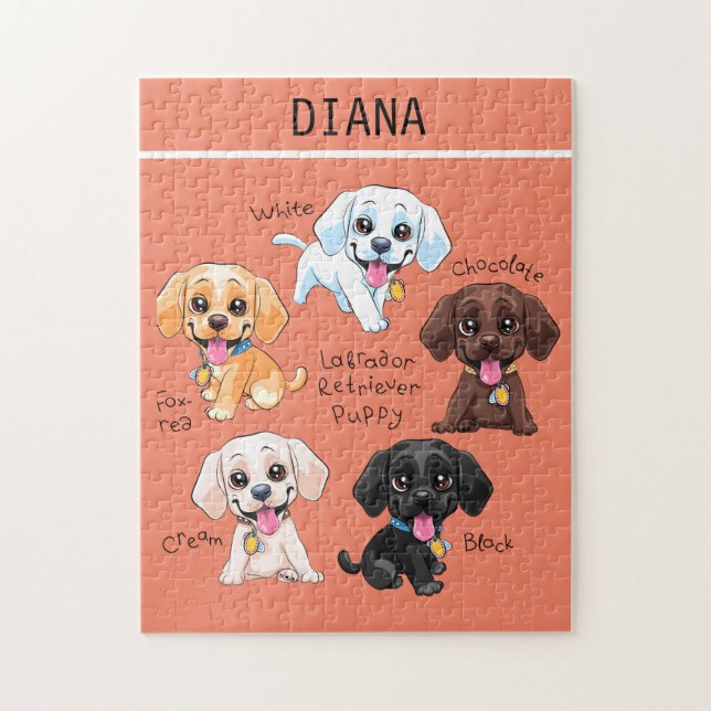 Five puppies puzzle with personalised name. (Vertical)